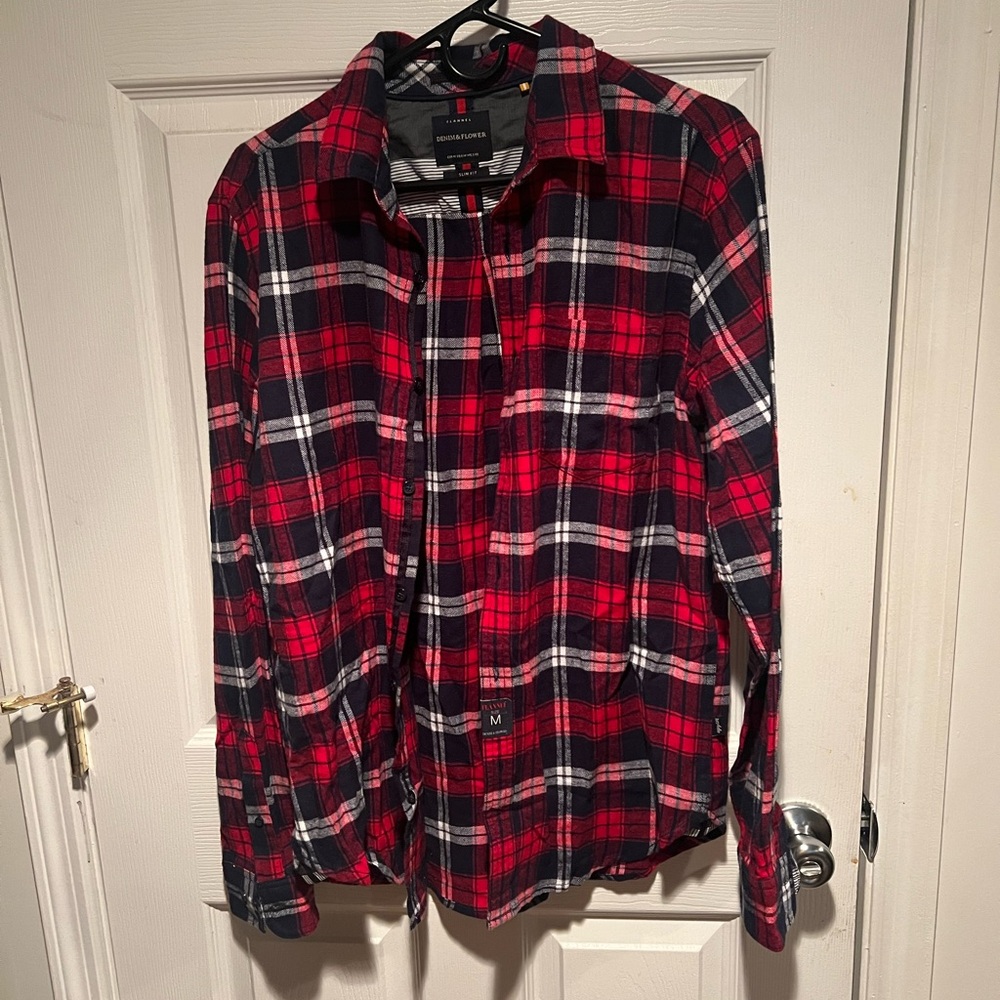 Denim & flower red & back mens flannel